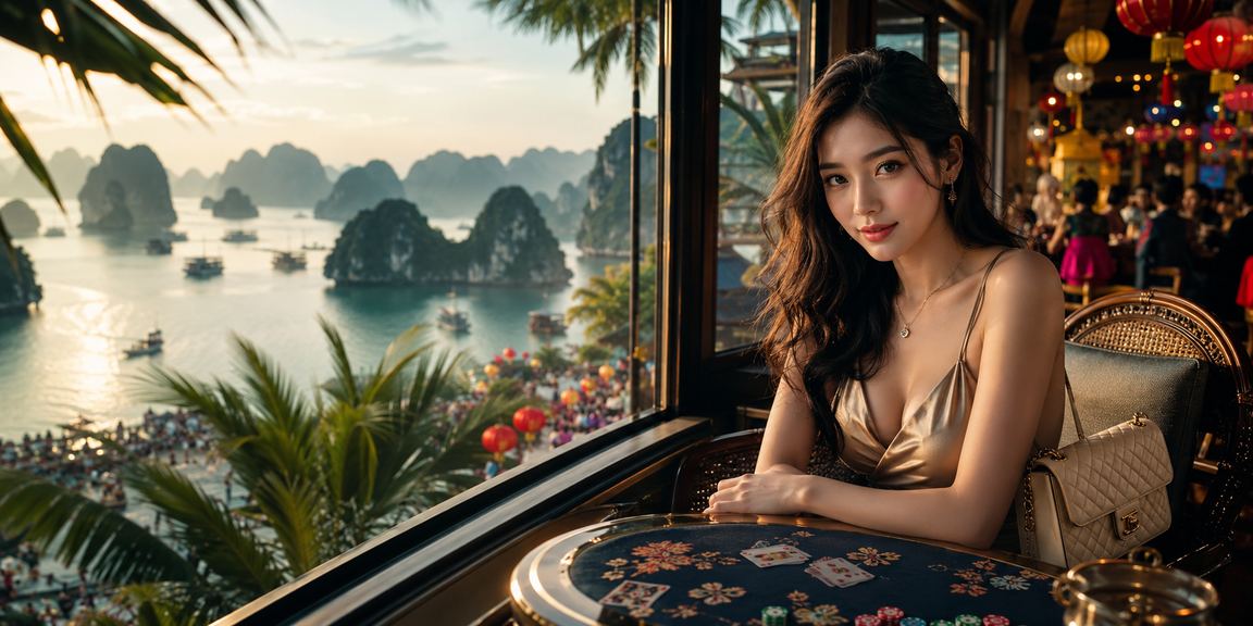Người dùng chơi bài casino trực tuyến tại Vịnh Hạ Long với điện thoại di động và cà phê